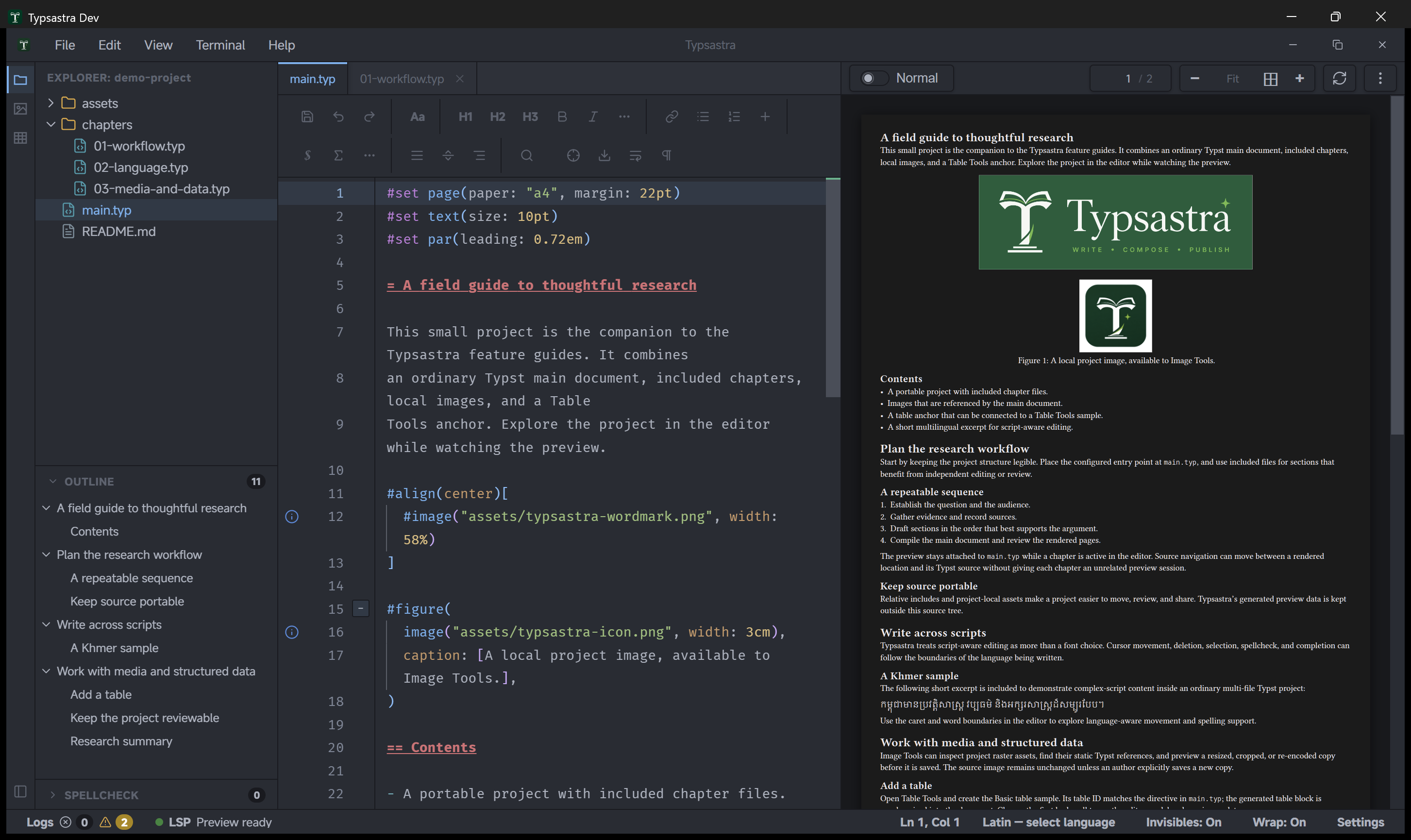 Document and dark preview color modes side by side with the editor