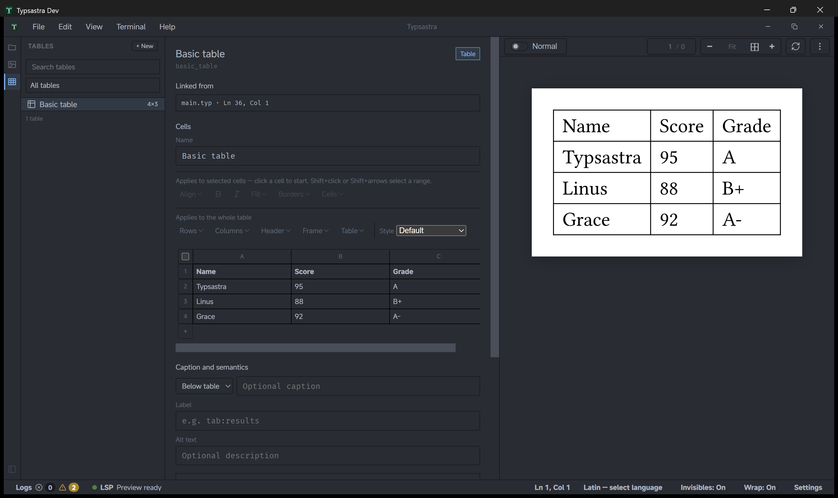 Table Tools with a sample table, cell editor, and live preview