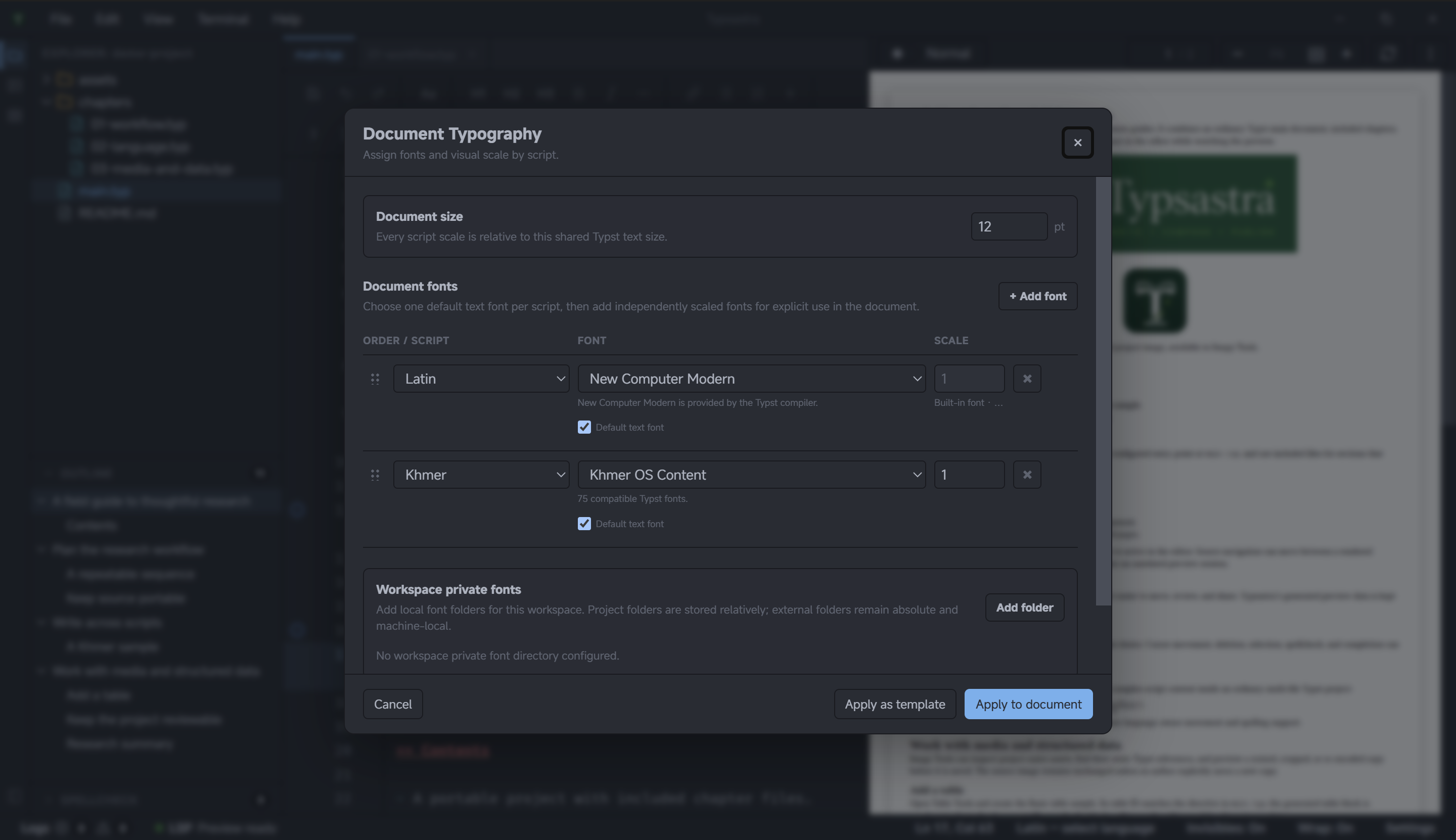 Document Typography assigning script-specific fonts, sizes, and language tools